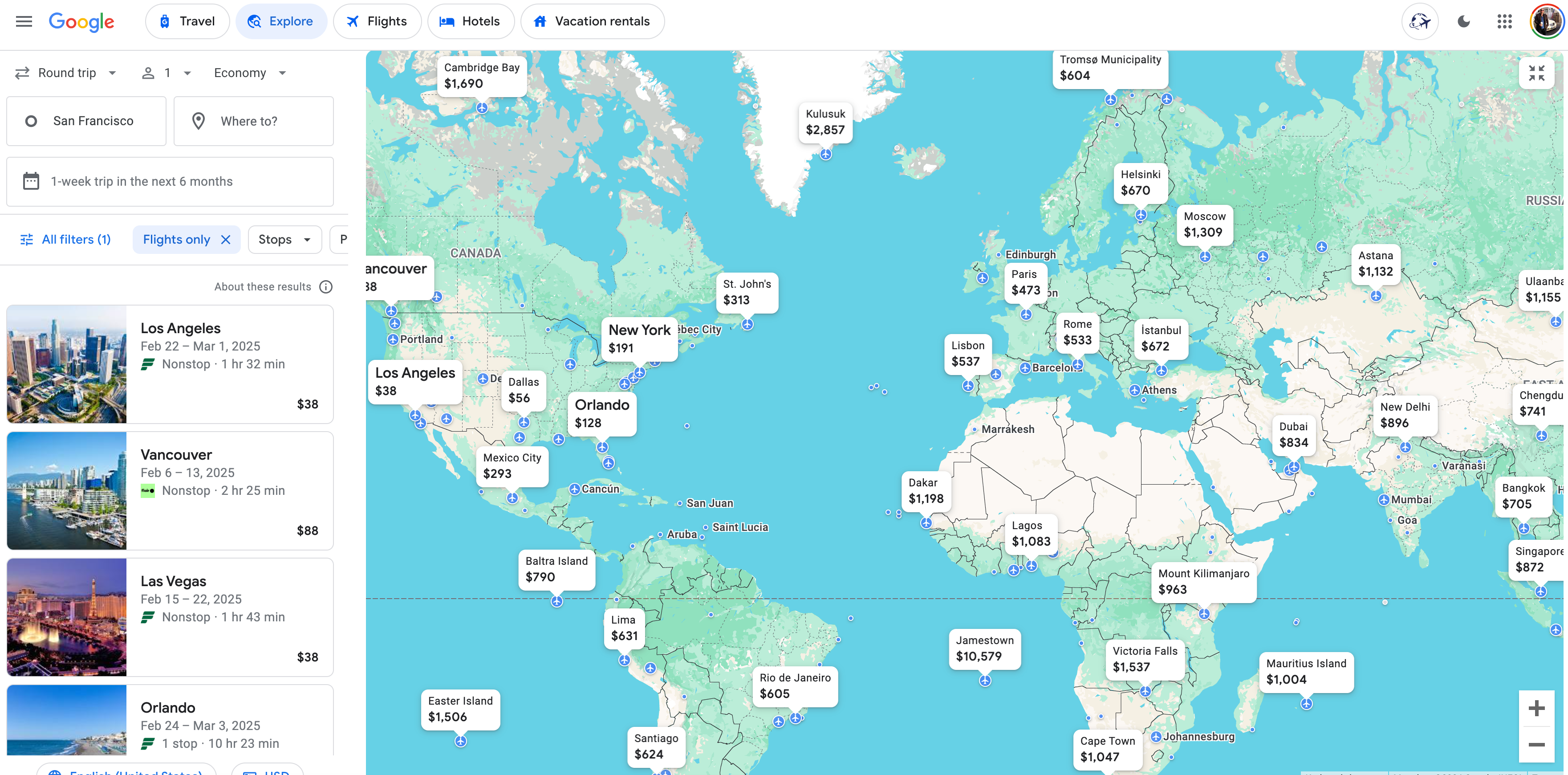 Google Flights explore feature.